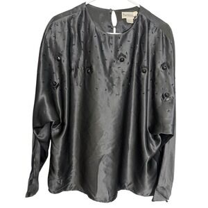 Personal 18 Black Satin Blouse Beaded Dolman Sleeve Keyhole Back Vintage 80s